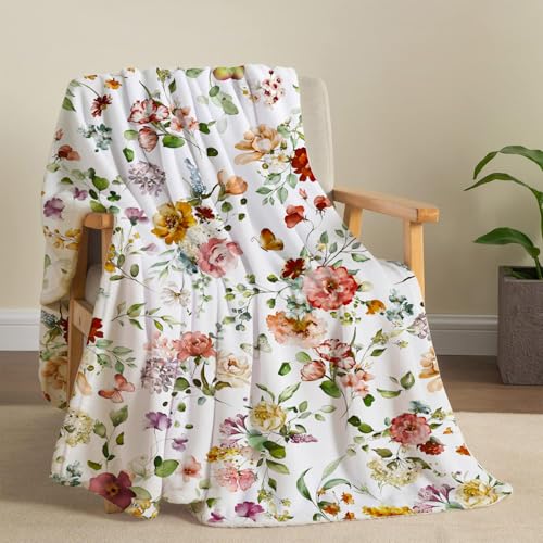 Watercolor Flowers Throw Blanket Botanical Floral Throw Blanket Ultra Soft Flannel Fleece Bed Blanket Cozy Fuzzy Plush Couch Cover Lightweight Wildflowers Plants Blanket for Sofa Bed 60" X 80" - color: Watercolor, size: 60"×80"