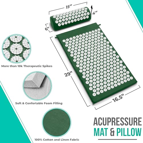 Sivan Back and Neck Pain Relief Acupressure Mat and Pillow Set, Chronic Back Pain Treatment - Relieves Your Stress of Lower Upper Back and Sciatic Pain - Green - color: Green/White, size: Large