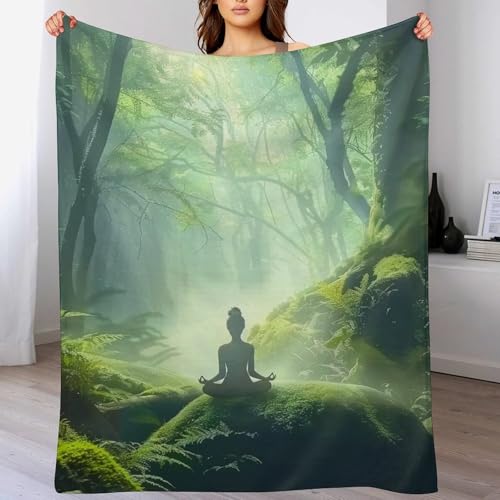 Woman Meditation Jungle Green Ultra Soft Flannel Fleece Bed Blankets Lightweight Cozy Throw Blanket Room Decor for Couch Chair Bedroom Adults Bedding Cozy Blanket Outdoor Travel Blankets 30"x4 - size: 40L" x 30W"