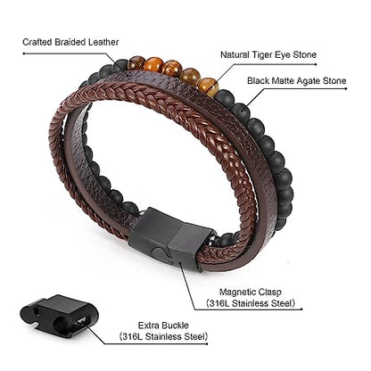 FOCOOG Leather Bead Bracelets for Men, Natural Tiger Eye Lava Rock Stone Bead Magnetic Clasp Adjustable Leather Bracelets Stress Relief Mens Anxiety Bracelet Mens Jewelry Gifts - style: Brown Leather-Matte Agate&Tiger Eye