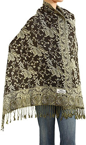 Falari Women's Reversible Paisley Pashmina Shawl Wrap Scarf For Evening Dresses Festivals Any Occasions All Seasons 80"x27" - color: Style 1 - Brown