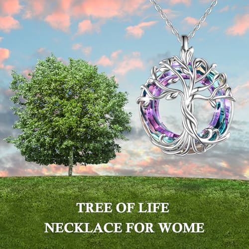 TOUPOP Tree of Life Necklace Gifts for Women 925 Sterling Silver Family Tree Pendant with Crystal Birthday Irish Jewelry Gifts for Women Her Wife Mom - color: 01-White Gold-Purple Crystal
