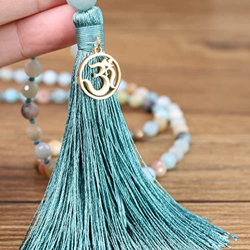 COAI OM Charm Hand Knotted Tassel 108 Mala Beads Necklace - color: Faceted Amazonite, size: 8mm
