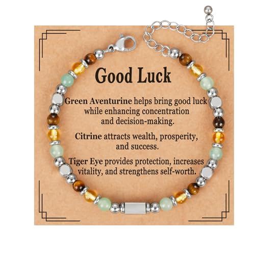 Natural Healing Crystal Bracelet for Women, Triple Protection Anxiety Relief New Beginnings Good Luck Empath Protection Jewelry Gift for Friends Daughter Mom 6.5+1.8 Inches - style: Good Luck