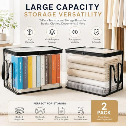 2 PCS Large Storage Transparent Box - Duty Space-180° Flip Cover Heavy, Saving Organizer for Books/Clothes/Documents (Black) - color: Black