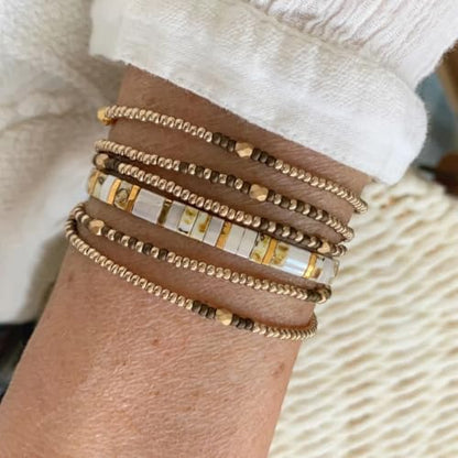 Tila Flat Beaded Stretch Bracelets for Women Stackable Gold Colorful Seed Beads Boho Bracelet Stack Adjustable Rope String Friendship Jewelry Trendy Holiday Gift - color: gold and white