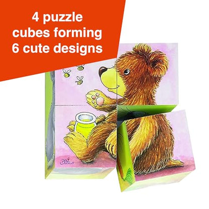 GOKI Wooden Cube Puzzles for Toddlers 2-4 Inspired Montessori Toy 6-in-1 Animal Toddler Puzzle - 4 Wooden Cubes - Educational Toy for Kids Ages 2+ Farm-Themed - Designed with Love in Germany