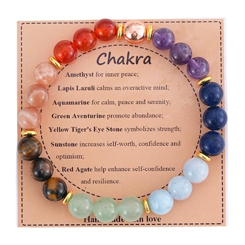KSQS Healing Stone Bead Bracelet for Women, Natural Gemstones Balance Protection Bracelet, Spiritual Crystal Beads Bracelet Anxiety Relief with Meaning Card - style: Chakra