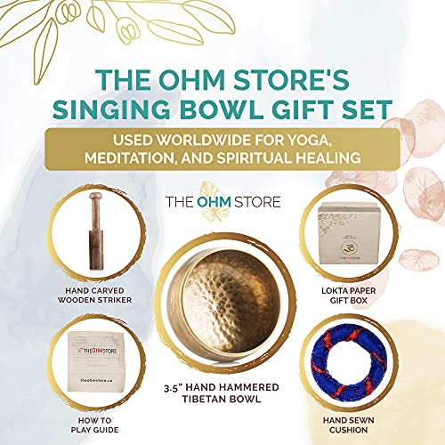 Handcrafted Tibetan Singing Bowl Gift Set – 3.5” Sound Bowl for Meditation, Sound Healing & Yoga – Mindfullness Christmas Gift – Authentic Hand-Hammered in Nepal - The Ohm Store - size: 3.5″ Gift Set