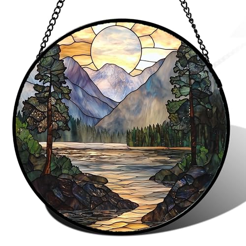 Stained Glass Window Hanging, Sunset Mountains Lake Tree Sun Catcher for Window Home Decor Landscape Suncatcher Mother's Day Birthday Gifts for Women Men Mom and Nana 15 in - color: 1-yellow Green, size: 15x15 IN