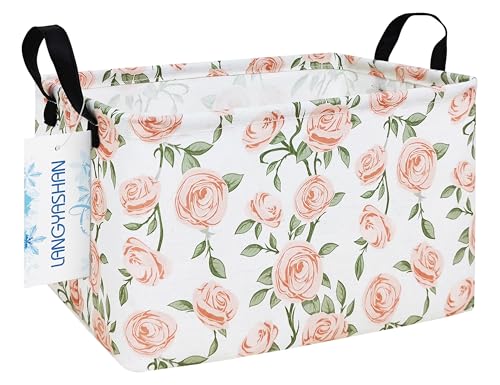 Rectangular Storage Bin Collapse Canvas Fabric Cartoon Storage Basket with Handles for Organizing Home Kitchen Boys and Girls Toys Office Closet Shelf Baskets (Rec Champagne Rose) - color: Rec Champagne Rose