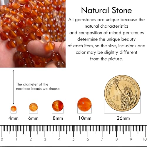 Simple Choker Necklace for Women Real Stone and Crystals Necklaces 4mm Beaded Choker Jewelry Meditation Gift for Women (16"+2") - style: Orange Agate