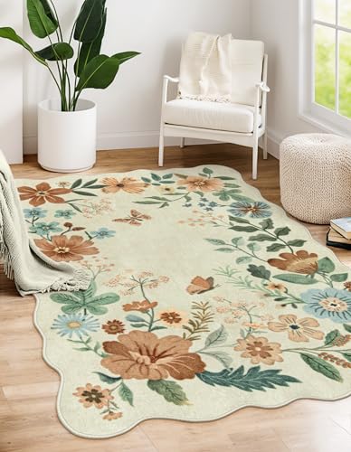 Lahome Floral Machine Washable Rug, 3x5 Rug Non Slip Soft Bedroom Rugs for Entryway Dorm, Ultra-Thin Boho Rugs for Living Room Stain Resistan Throw Carpet for Nursery Entrance Flore, Beige - color: Beige, size: 3' x 5'（Rectangular）