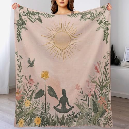Vintage Yoga Meditation Throw Blanket, Soft Cozy Warm Flannel Mystical Sun Botanical Floral Blanket for Couch Sofa Bed, 30"x40" - color: Vintage Yoga Meditation, size: 30"x40"