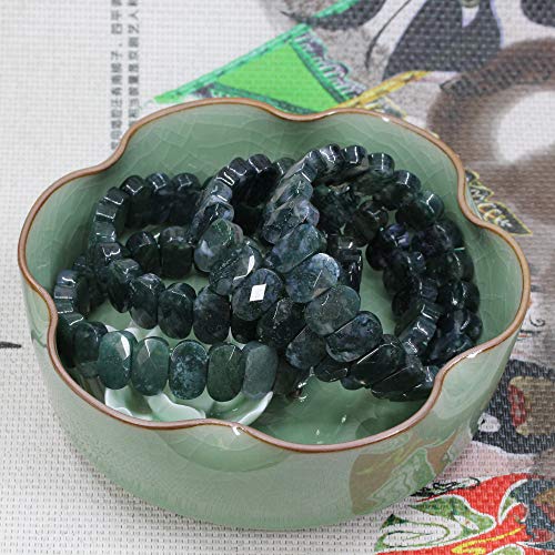 Keleny Semi Precious Stones 14mm Faceted Oval Beads Crystal Rock Elastic Bangle 7.5 Inch - color: Green Moss Agate