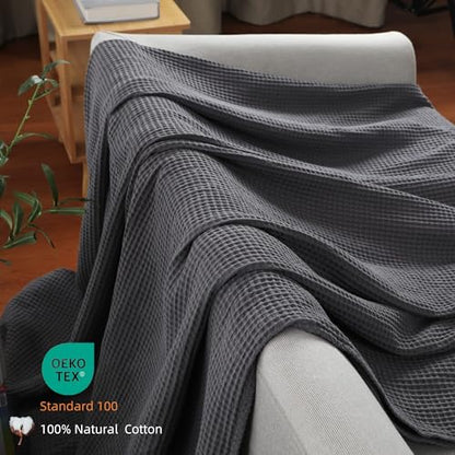 100% Cotton Waffle Blanket (Dark Grey - Twin Size - 66 * 90''), Pre-Washed and Anti-Shrinkage Soft Lightweight Bed & Couch Blanket, 380 GSM Waffle Weave Throw Blanket for All Seasons - color: Dark Grey, size: Twin (66"*90")