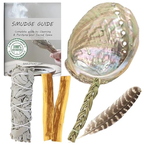 Ancient VEDA Organic Smudge Kit – California White Sage, Palo Santo, Sweetgrass, Abalone Shell, Feather & Smudge Guide | Smudging Kit for Home Energy Cleansing, Meditation, (Healer's Kit, White Sage) - color: White Sage, size: Healer's Kit