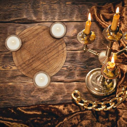 Angoily Pentacle Wooden Candle Holder Divination Altar Candlestick Plate for Tarot Rituals Religious Supplies Home Décor