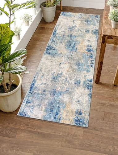 Lahome Modern Abstract Blue Bathroom Rug, 2x6 Washable Long Hallway Rug Soft Non Slip Blue Floor Accent Carpet Runner for Entryway Kitchen Laundry Room Doorway Bedroom - color: Blue/Ivory, size: 2' x 6'