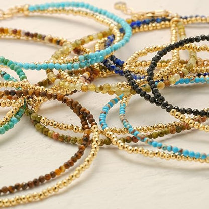 Women Beaded Bracelet Gold Double Layer Gemstone 14K Simple Dainty Handmade Chain Everyday Boho Beach Jewelry - style: Tiger's Eye