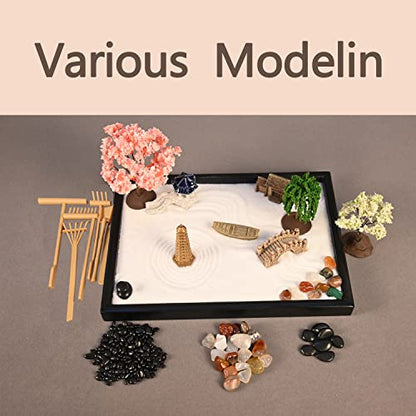 Mini Zen Garden, White Sand, 10" x 7" Rectangular Plastic Tray with Meditation Accessories - size: 10" x 7" x 0.8"