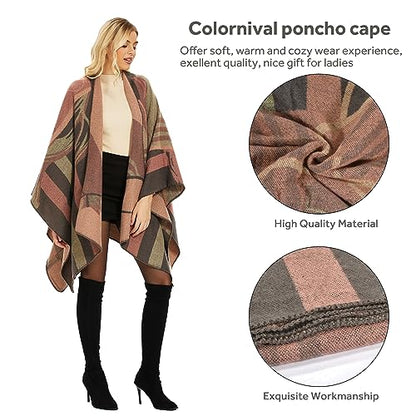 Shawl Wraps for Women, Elegant Knitted Cape Open Front Poncho Scarf Blanket Cardigan Coat for Spring, Autumn, and Winter - color: Pink Black