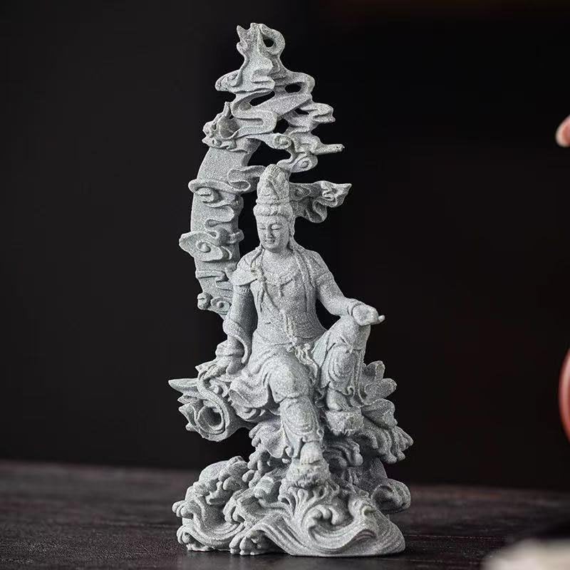 1PC Resin Green Sandstone Mixed Material Guanyin Statue, Water Moon Free Viewing Decor for Garden Bonsai Rockery, Living Room, Study, Prayer Room & Office Desk Zen Style