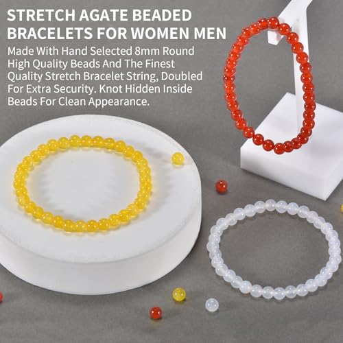 3PCS Agate Bracelet for Women Men Natural Round Beaded Agates Stone Healing Stretch Bracelets Elastic Handmade Polished Gemstone Beads Bracelet - color: White+Yellow+Red