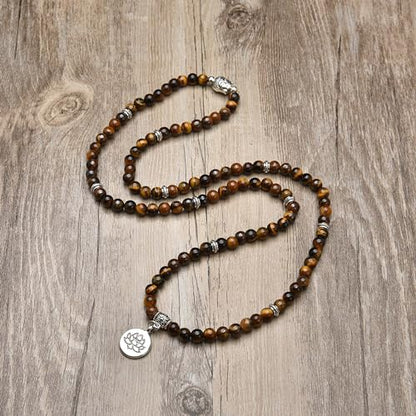6mm 108 Mala Beads Bracelet, Yoga Zen Necklace with Buddha and Lotus Charm for Prayer - style: Brown Tiger Eye