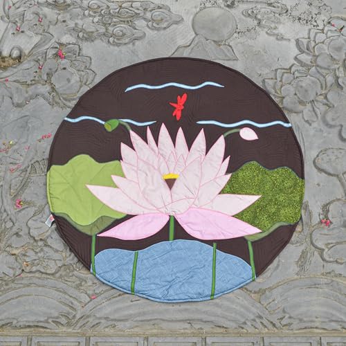Handmade Lotus Applique Meditation Rug, Round Quilted Floor Mat, 43.3 Inch Cotton Patchwork Decor Rug for Yoga, Zen Space & Living Room