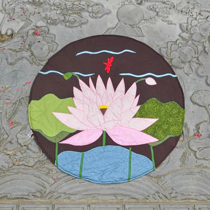 Handmade Lotus Applique Meditation Rug, Round Quilted Floor Mat, 43.3 Inch Cotton Patchwork Decor Rug for Yoga, Zen Space & Living Room