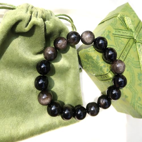 Natural Handmade Healing Chakra Bracelet - color: 12mm-Silver Obsidian-FOR 8-8.7 INCH WRIST