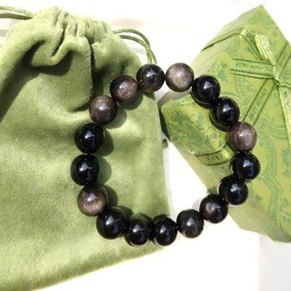 Natural Handmade Healing Chakra Bracelet - color: 12mm-Silver Obsidian-FOR 8-8.7 INCH WRIST