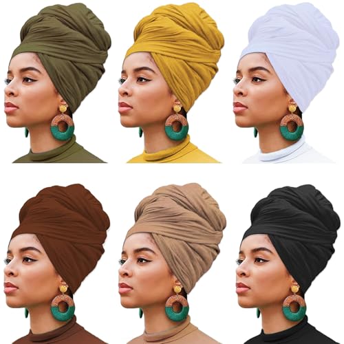 XTREND 6 Pieces Head Wrap Jersey Stretch Turban Fashion Headwear Solid Color Long Scarf Caps Bohemian Soft Breathable Turbans African for Women (Black, Army Green, Camel, Turmeric, Coffee, White) - color: Y6 Black, Army Green, Camel, Turmeric, Coffee, Whi