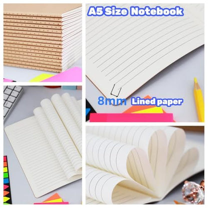 16 Pack Kraft Notebooks, 60 Pages Notebook, 8.3x5.5 Inch, A5 Notebooks for Work, Travel, Business, School & More - College Ruled Notebook - Softcover Journals for Women & Men - Lined Note Books - style: 16pack Lines pages