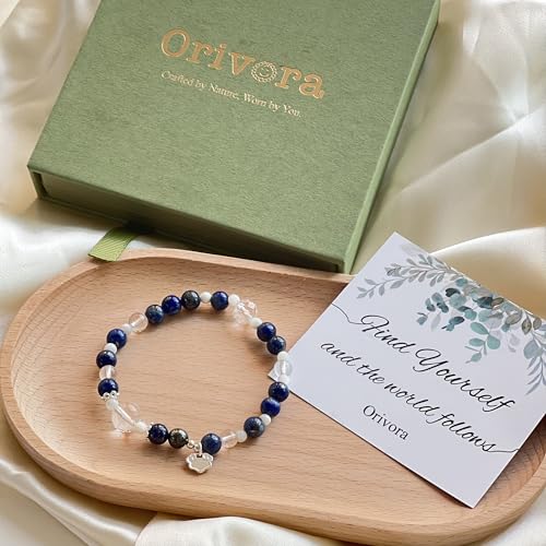 Birth Flower Crystal Bracelets for Women, Handmade Natural Gemstone Stretch Jewelry with Healing & Positive Energy - color: Jul. Larkspur & Lapis Lazuli