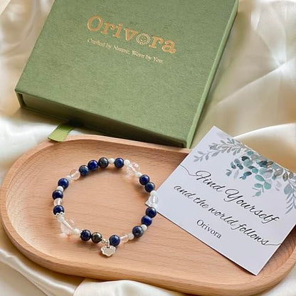 Birth Flower Crystal Bracelets for Women, Handmade Natural Gemstone Stretch Jewelry with Healing & Positive Energy - color: Jul. Larkspur & Lapis Lazuli