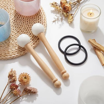 Nuanchu 4 Pcs Crystal Singing Bowl Mallet Bowl Striker and O Ring Set, Include 2 Rubber Head Wood Handle Mallet with 2 Rubber O Rings for Playing Crystal Singing Tool Buddhist Meditation Yoga