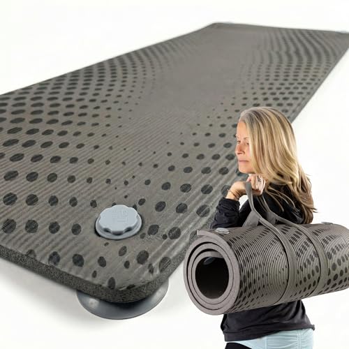 PT Pro Suction Cup Yoga Mat – 24x72 Non-Slip Exercise Mat with 4 Screw-On Suction Cups, 1/2in Thick Cushioned Workout Mat with Carry Strap for Tile, Laminate & Concrete – (Patent Pending) - color: Gray