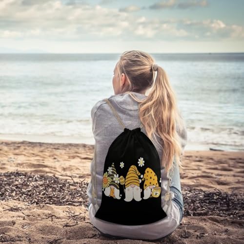 Sunflower Bee Cute Cartoon Gnome Black Portable Canvas Drawstring Backpack with Drawstring Pockets 30x40cm - color: Sunflower Bee Cute Cartoon Gnome Black, size: 30x40cm