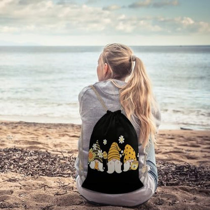 Sunflower Bee Cute Cartoon Gnome Black Portable Canvas Drawstring Backpack with Drawstring Pockets 30x40cm - color: Sunflower Bee Cute Cartoon Gnome Black, size: 30x40cm