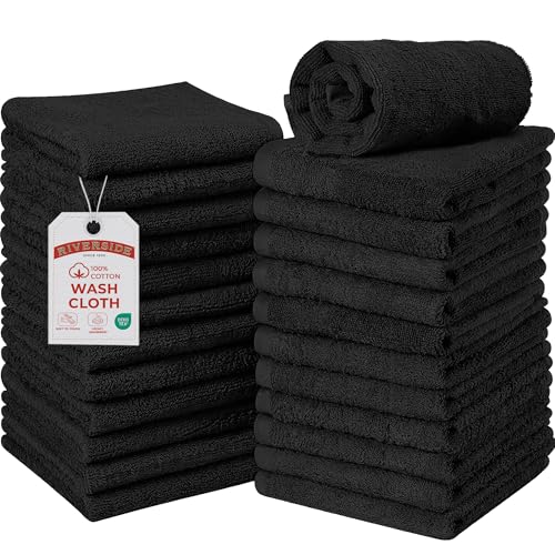 RIVERSIDE Pack of 24 Wash Cloths for Showering, 12 x 12 Inches, Super Soft & Absorbent, 100% Cotton Washcloths Premium Quality Flannel Face Cloths for Bathroom, Gym, Spa (Black, 24 Pack) - color: Black