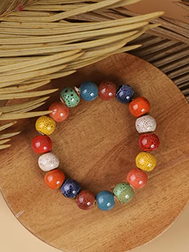 MINACHI Boho Hippie Colorful Ceramic Beads Strand Stretch Bracelet, Bohemian Summer Beach Jewelry Gift for Women - color: S01