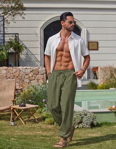 COOFANDY Men's Cotton Linen Pants Casual Harem Pants Elastic Waist Beach Boho Yoga Trousers - color: Army Green, size: Medium