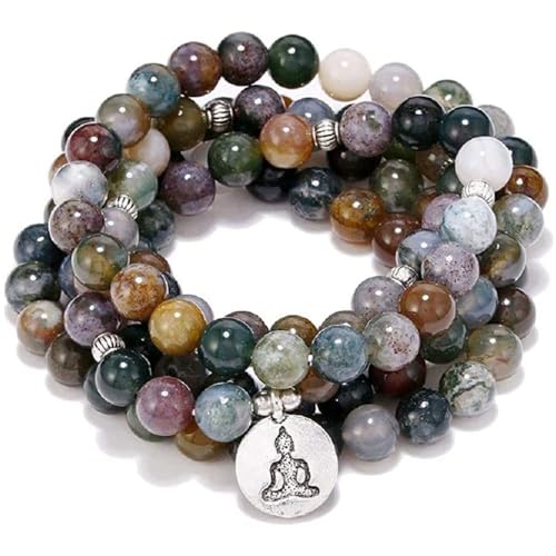 108 Natural Indian Agate Mala Beads Strand Bracelet Stretch Buddha Healing Gemstone Reiki Quartz Crystal Wrap Yoga Meditation Prayer Rosary Jewelry for Women Men - color: Buddha