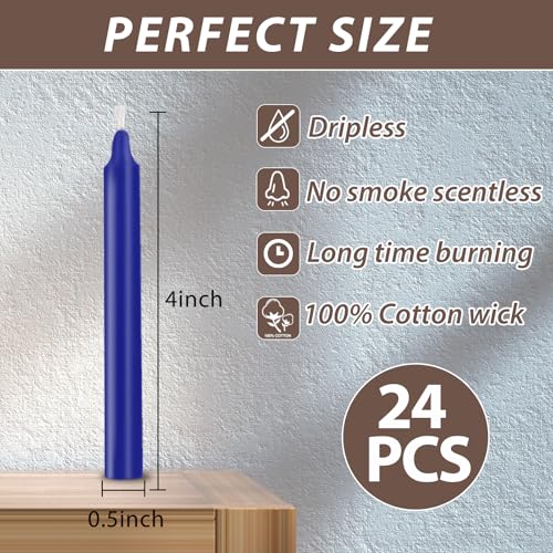 24 Pack Blue Spell Chime Candles – Premium Mini Unscented Taper Candles for Rituals, Prayer, Meditation, Altar, Spells – 4" Tall – Ideal for Witches & Spiritual Practices - color: Blue