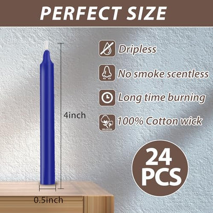 24 Pack Blue Spell Chime Candles – Premium Mini Unscented Taper Candles for Rituals, Prayer, Meditation, Altar, Spells – 4" Tall – Ideal for Witches & Spiritual Practices - color: Blue