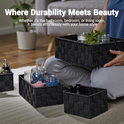 Small Black Baskets, 4 Piece Multi Size Black Woven Baskets with Metal Frame, Closet Shelf Dresser Bathroom Storage, Vanity Drawer Bedroom Office Organization