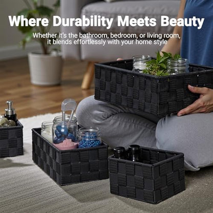 Small Black Baskets, 4 Piece Multi Size Black Woven Baskets with Metal Frame, Closet Shelf Dresser Bathroom Storage, Vanity Drawer Bedroom Office Organization