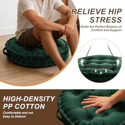 Meditation Floor Pillow, 23.6" Round Thick Cushion with Handle, Velvet Floor Cushion Seat Cushion for Yoga Living Room Tatami, Meditation Cushion for Adults, Dark Green